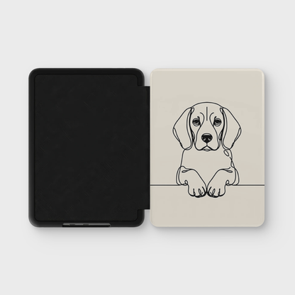 Beagle line art Kindle case in Cream — open folio showing the inner shell and printed cover.