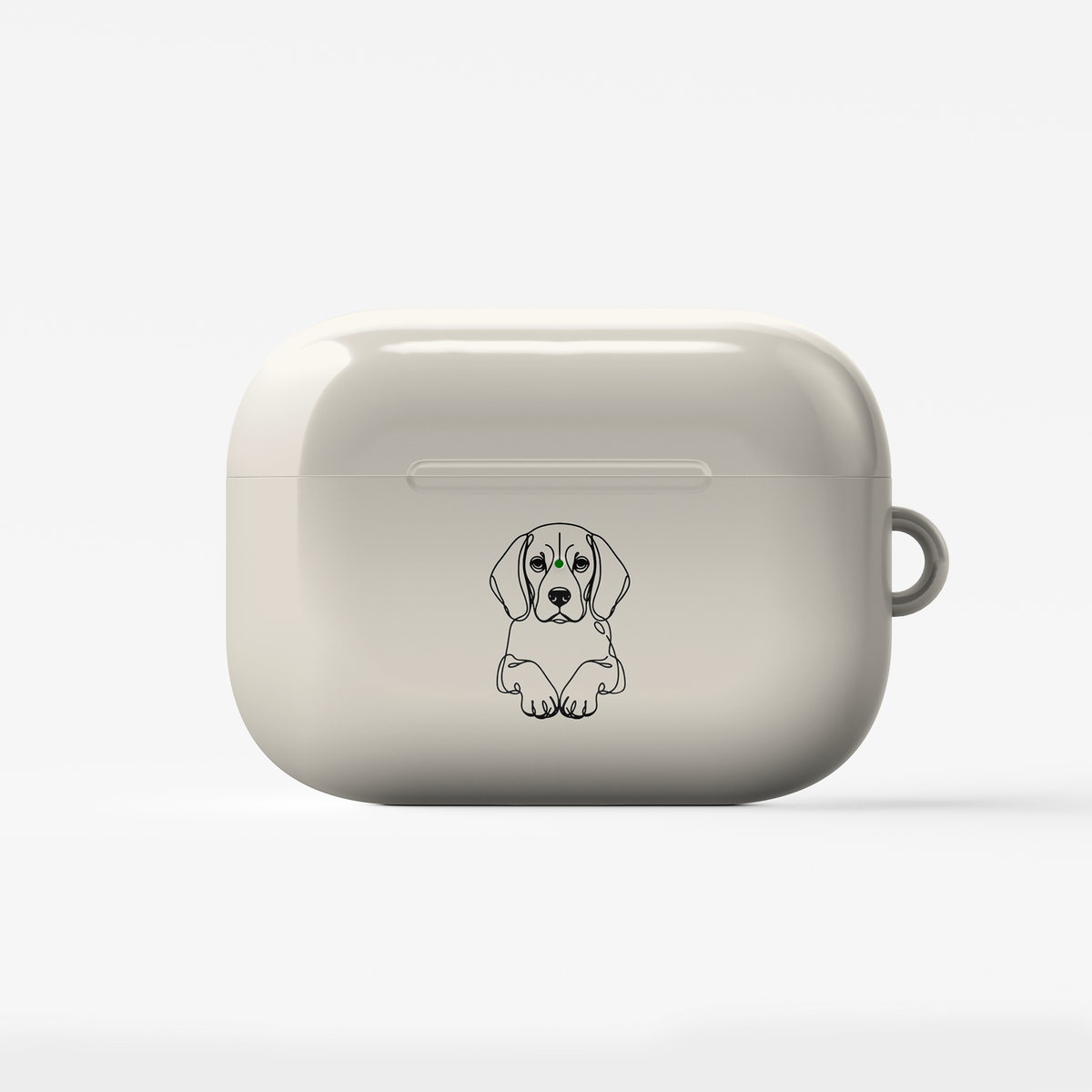 Closed Cream AirPods case with a printed Beagle portrait and a side attachment loop.