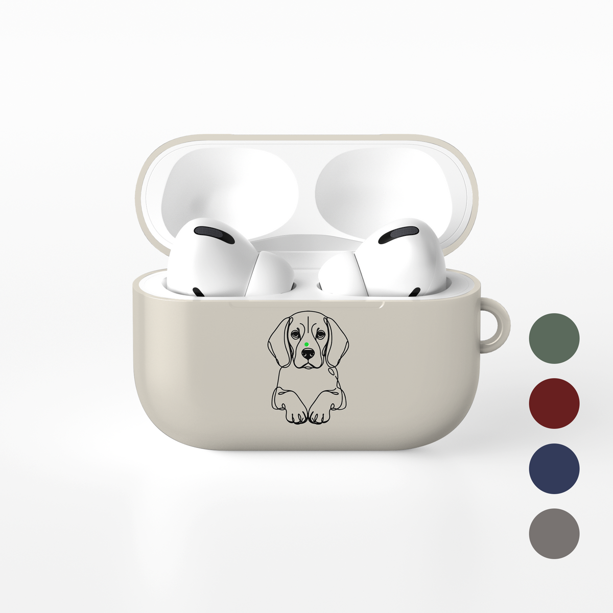 Cream Beagle line art AirPods case shown open with white earbuds and four alternative colour swatches.