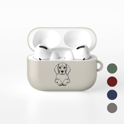 Cream Beagle line art AirPods case shown open with white earbuds and four alternative colour swatches.