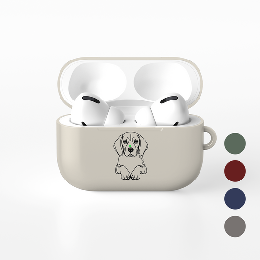 Cream Beagle line art AirPods case shown open with white earbuds and four alternative colour swatches.