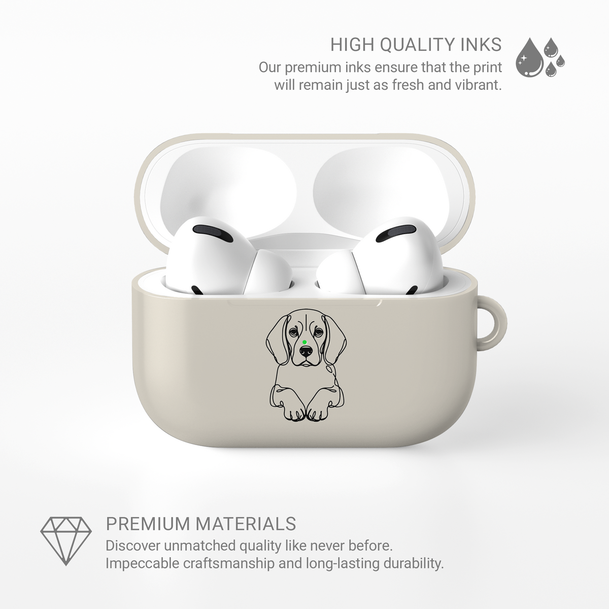 Open Cream Beagle AirPods case with white earbuds, shown in an infographic about the print and case materials.