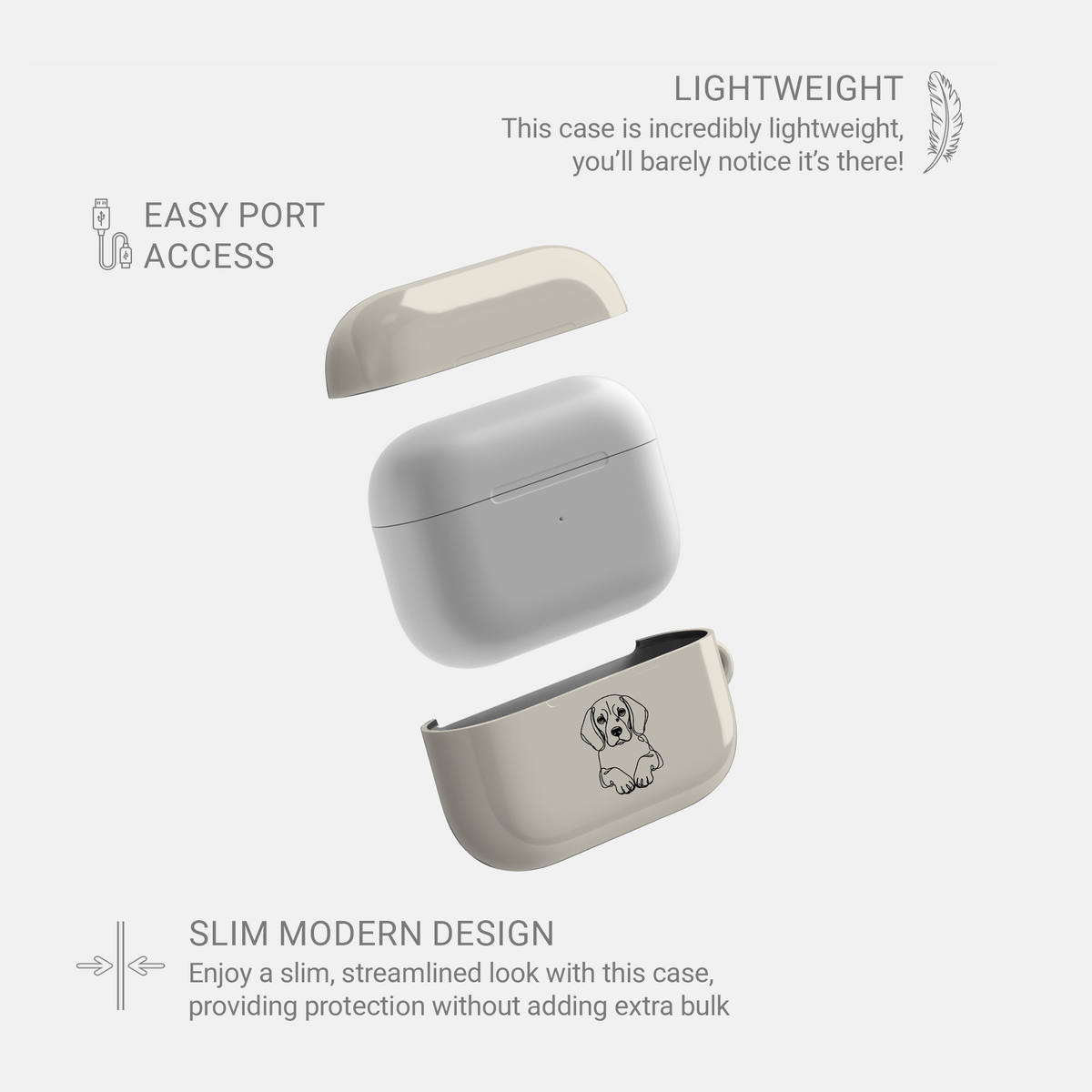 Cream Beagle AirPods case in an exploded view showing the lid, white charging case and printed lower shell.