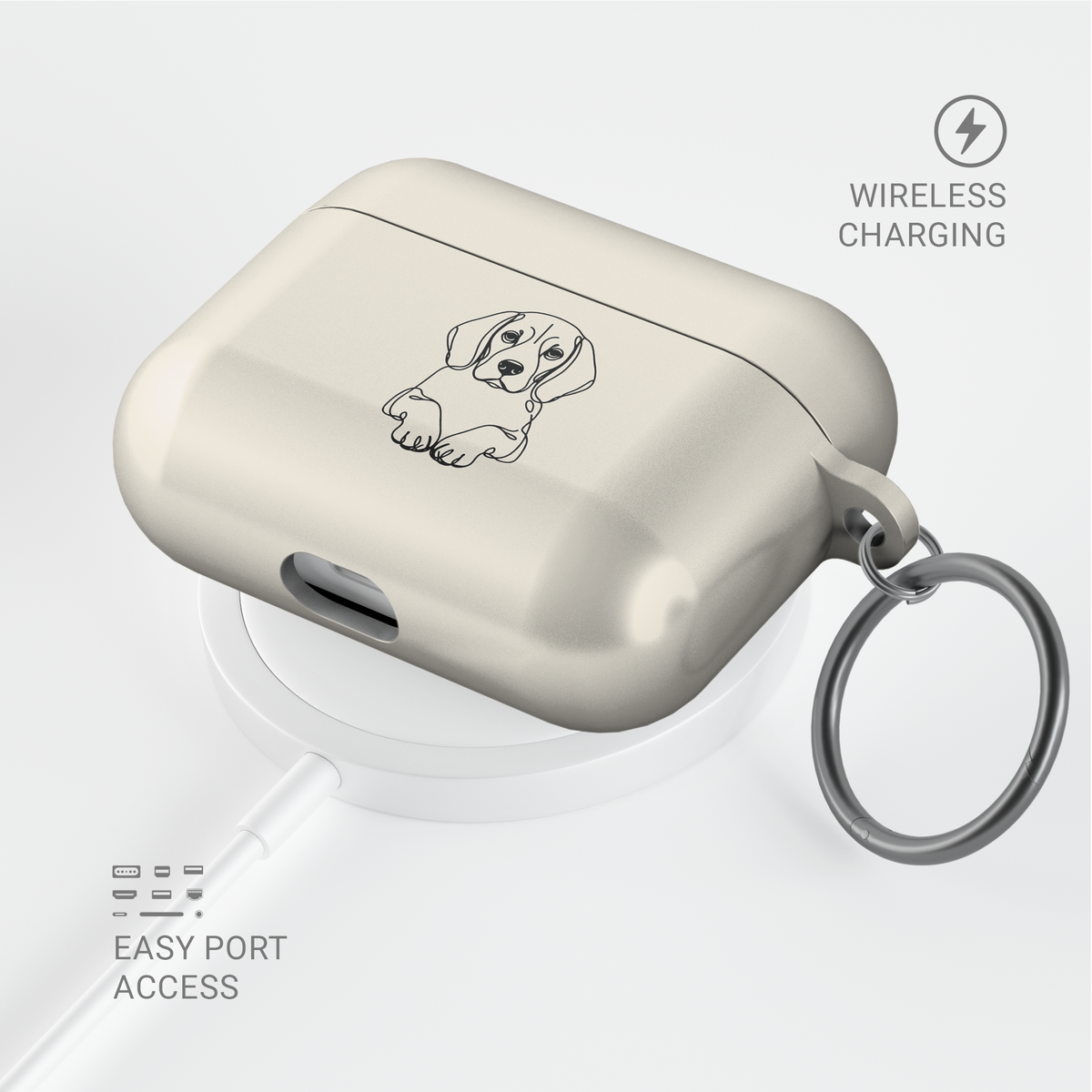 Angled Cream Beagle AirPods case with a metal keyring, shown above a circular charging pad.