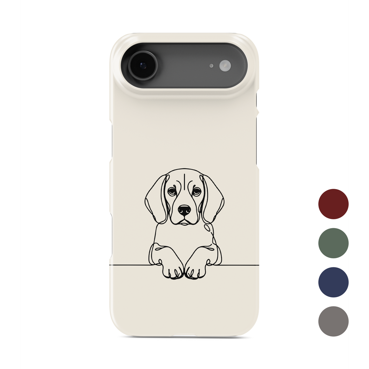 Cream Snap phone case with a black line drawing of a Beagle peeking over a thin horizontal line.