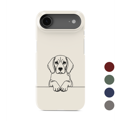 Cream Snap phone case with a black line drawing of a Beagle peeking over a thin horizontal line.