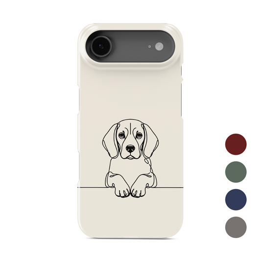 Cream Snap phone case with a black line drawing of a Beagle peeking over a thin horizontal line.