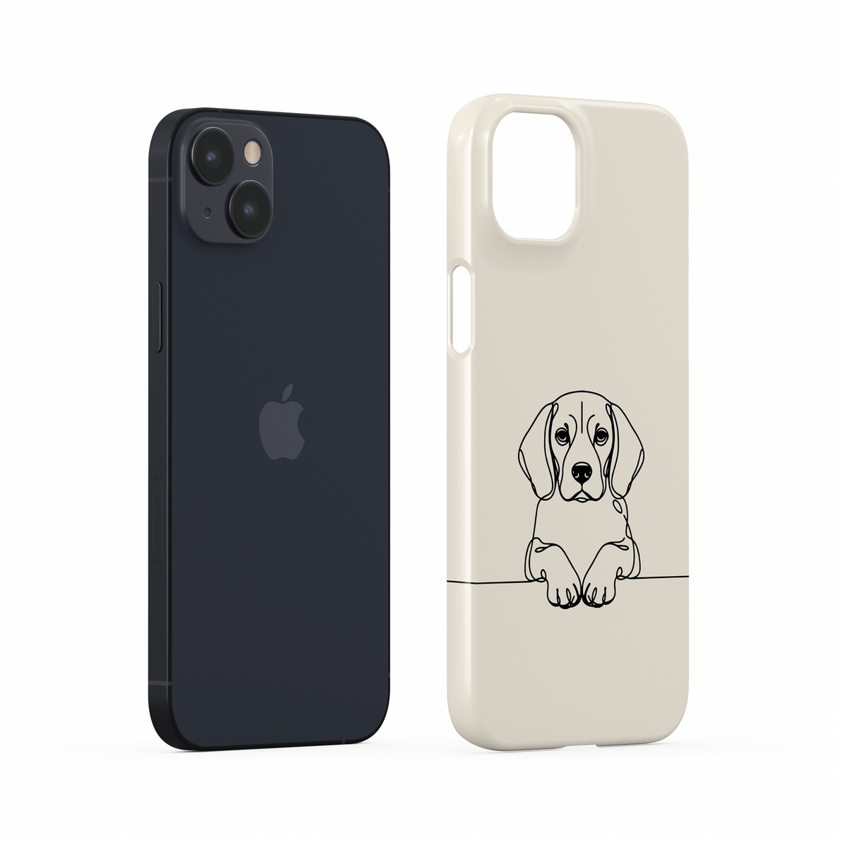 Cream Snap phone case with a black line drawing of a Beagle peeking over a thin horizontal line.
