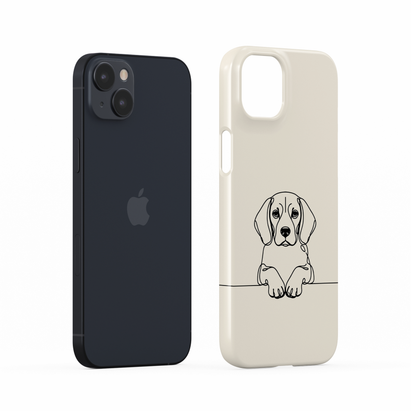 Cream Snap phone case with a black line drawing of a Beagle peeking over a thin horizontal line.