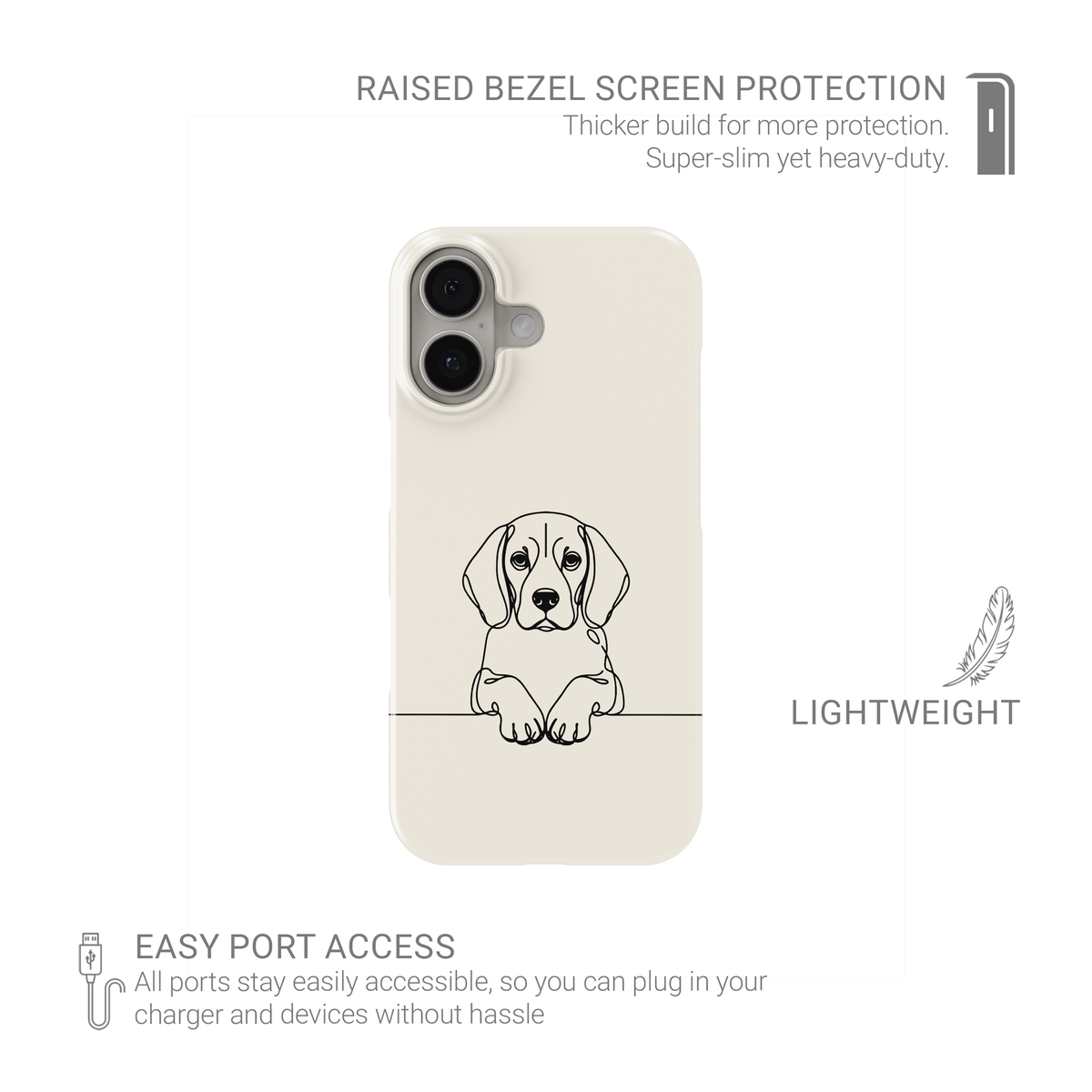 Cream Snap phone case with a black line drawing of a Beagle peeking over a thin horizontal line.
