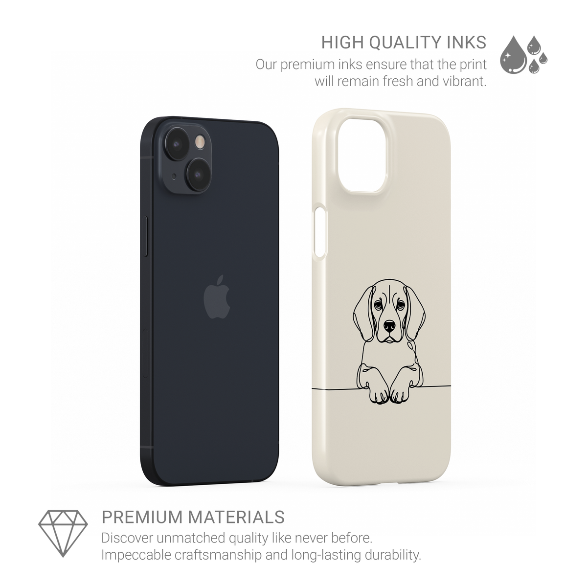 Cream Snap phone case with a black line drawing of a Beagle peeking over a thin horizontal line.