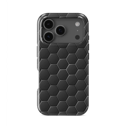 Blackout Circuit tough phone case with dark charcoal hexagon pattern and glossy finish, modern minimalist tech design.
