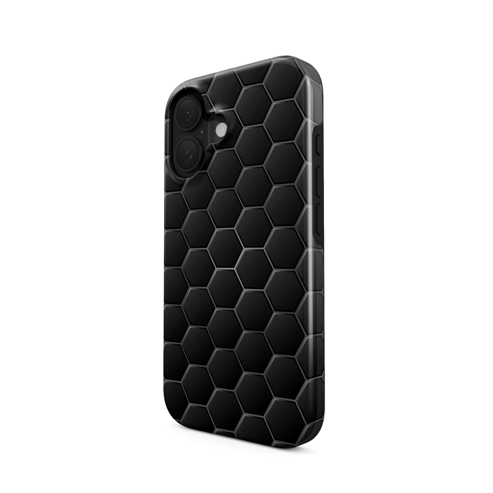 Blackout Circuit tough phone case with dark charcoal hexagon pattern and glossy finish, modern minimalist tech design.