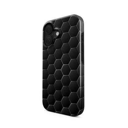 Blackout Circuit tough phone case with dark charcoal hexagon pattern and glossy finish, modern minimalist tech design.
