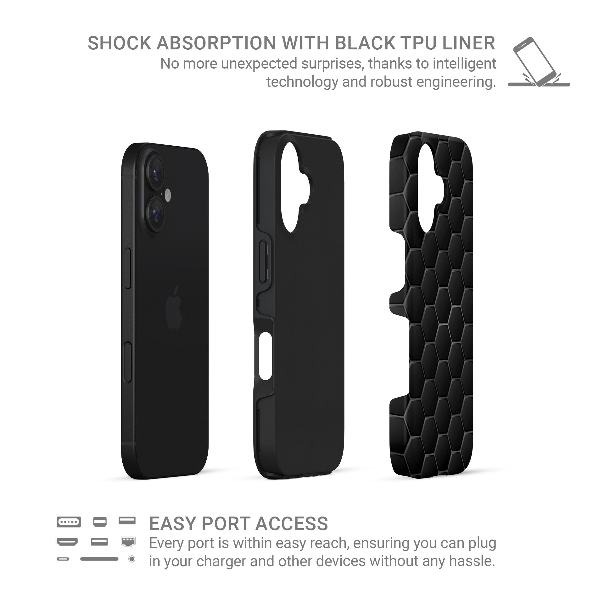 Blackout Circuit tough phone case with dark charcoal hexagon pattern and glossy finish, modern minimalist tech design.