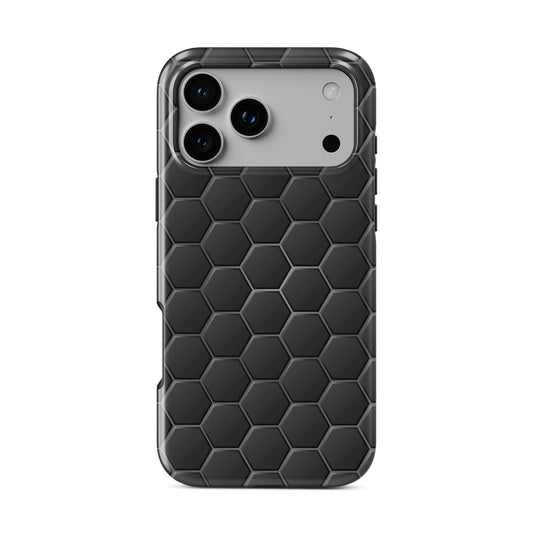 Blackout Circuit phone case with dark geometric hexagon pattern and glossy modern finish