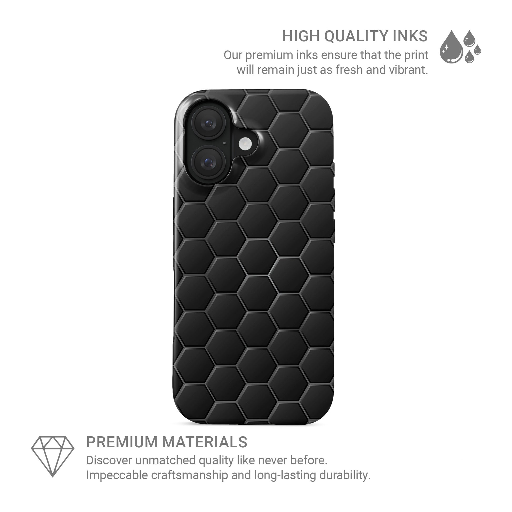 Blackout Circuit phone case with dark geometric hexagon pattern and glossy modern finish