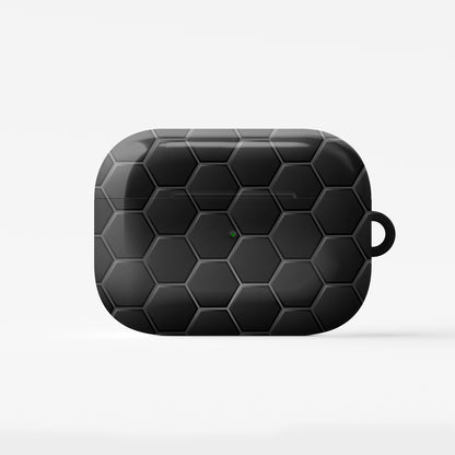 Black AirPods tough case with dark hexagon honeycomb pattern, glossy finish, modern minimalist geometric design