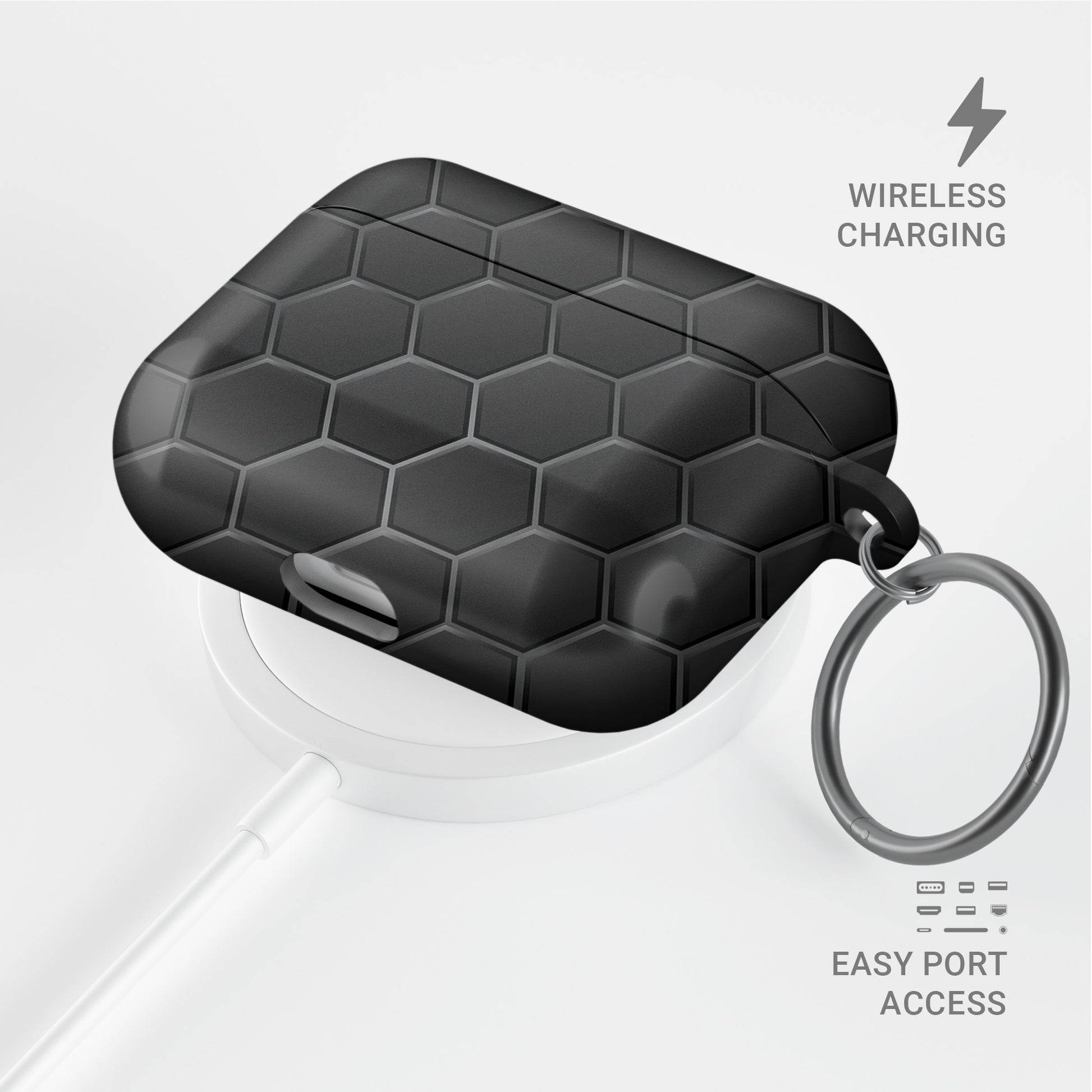 Black AirPods tough case with dark hexagon honeycomb pattern, glossy finish, modern minimalist geometric design