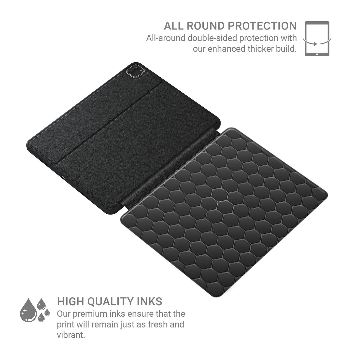 Blackout Circuit Apple iPad case with matte black geometric design, vegan Saffiano leather exterior, Apple Pencil holder and slim protective build.