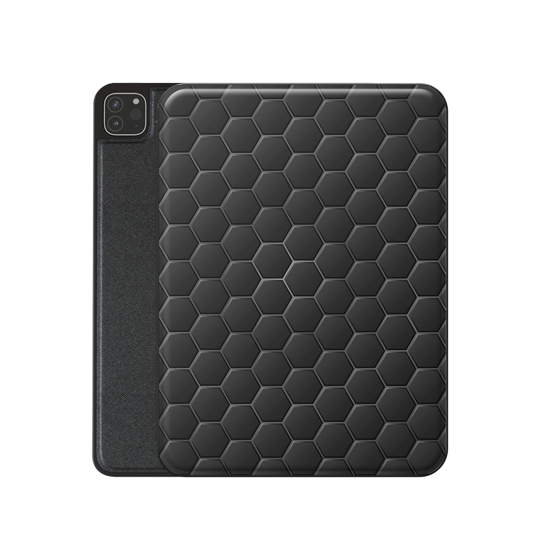 Blackout Circuit Apple iPad case with matte black geometric design, vegan Saffiano leather exterior, Apple Pencil holder and slim protective build.