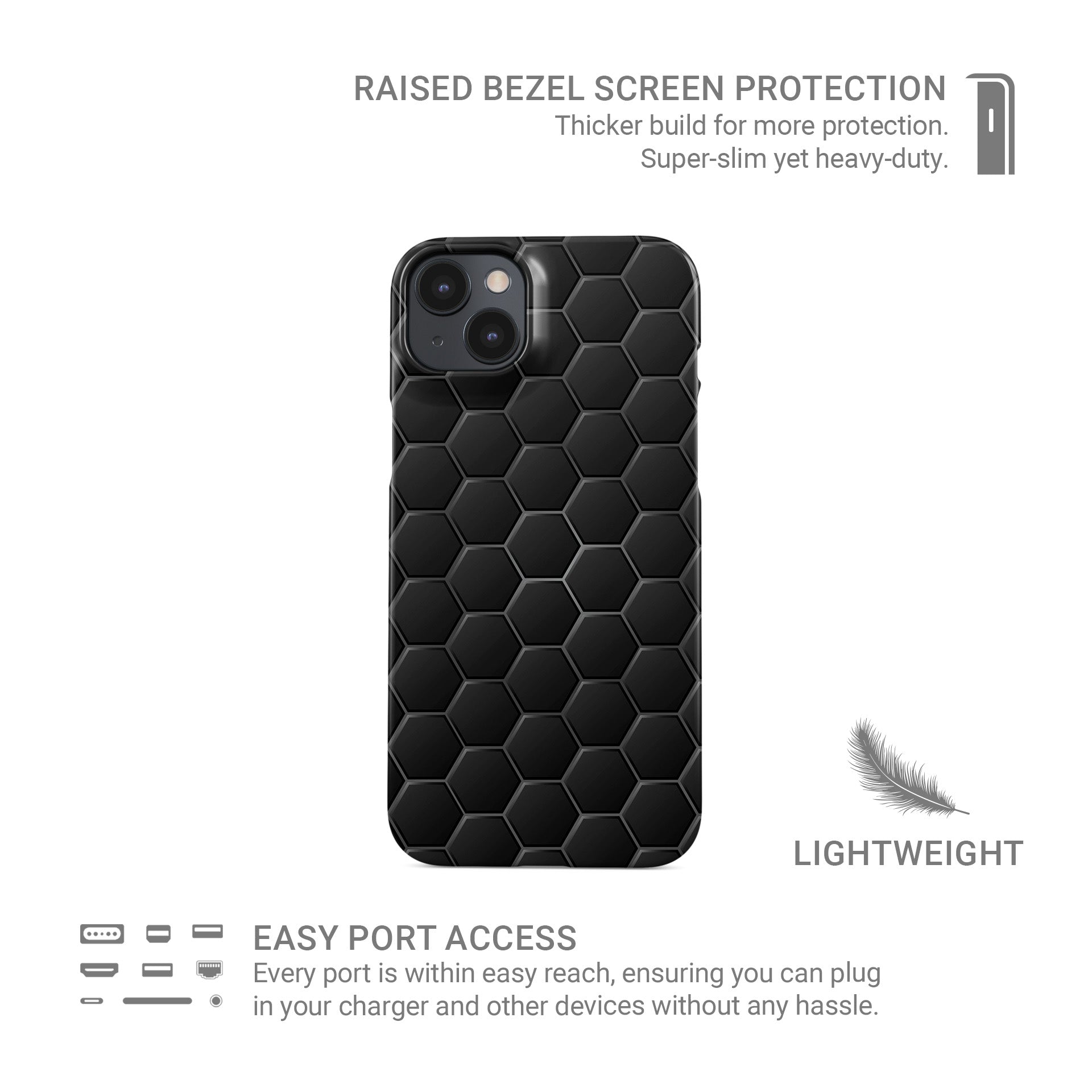 Blackout Circuit snap phone case with dark geometric hexagon pattern and subtle 3D texture.