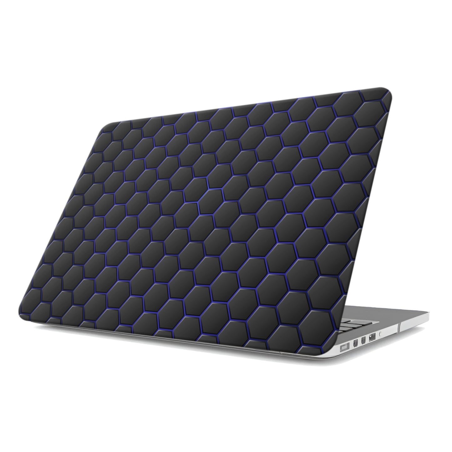 Midnight Voltage laptop case with black hexagon design and blue accents in a slim hard shell finish