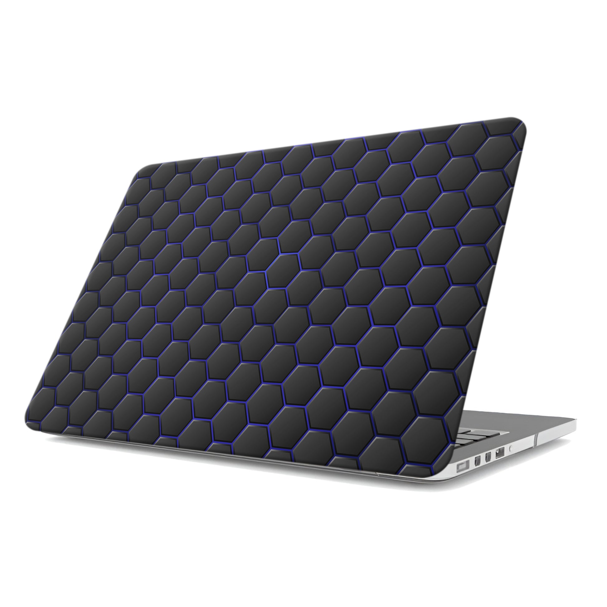 Midnight Voltage laptop case with black hexagon design and blue accents in a slim hard shell finish