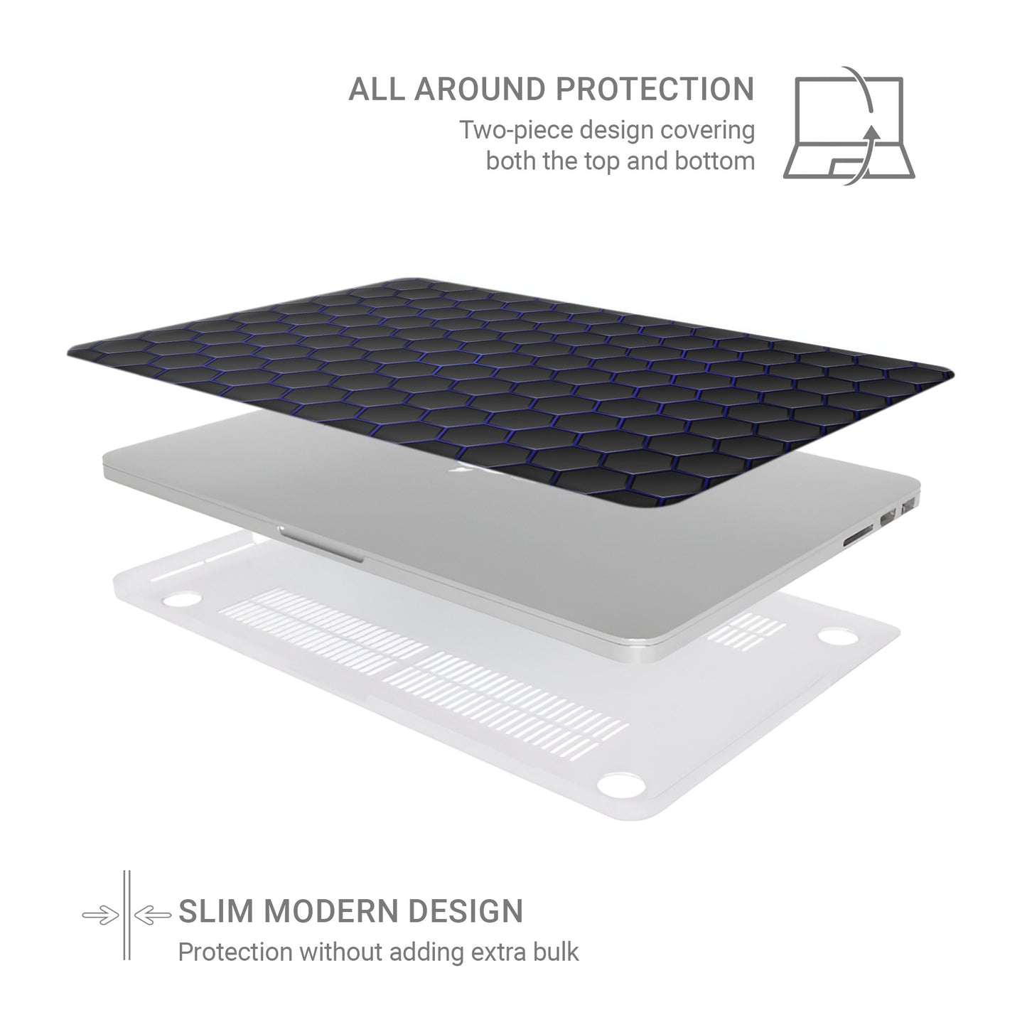 Midnight Voltage laptop case with black hexagon design and blue accents in a slim hard shell finish