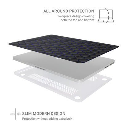 Midnight Voltage laptop case with black hexagon design and blue accents in a slim hard shell finish