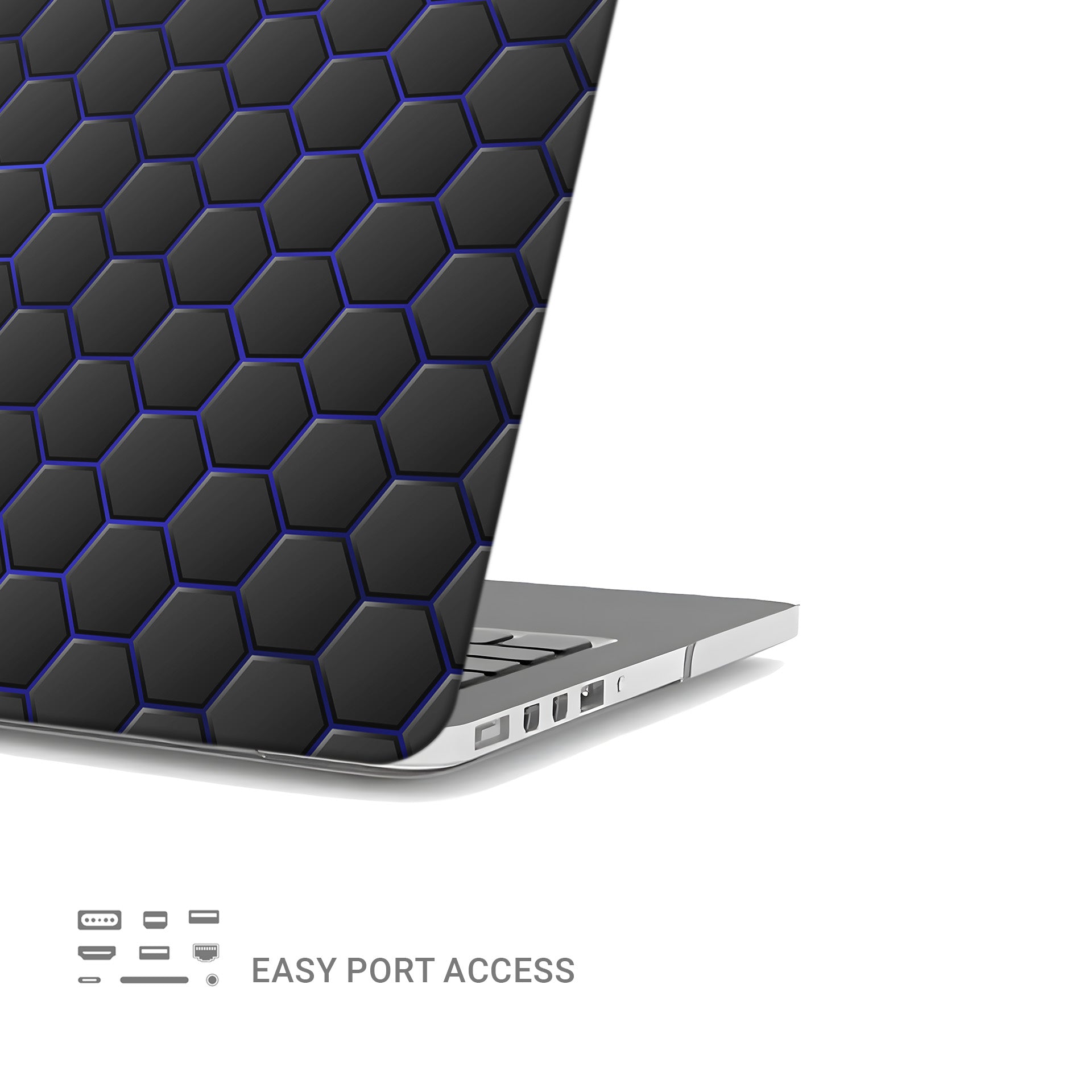 Midnight Voltage laptop case with black hexagon design and blue accents in a slim hard shell finish