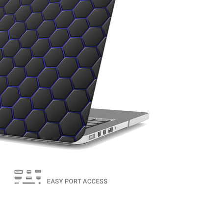 Midnight Voltage laptop case with black hexagon design and blue accents in a slim hard shell finish