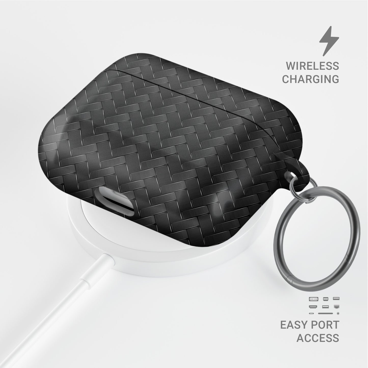 Carbon Chevron AirPods tough case with black chevron carbon fibre style print and glossy smooth finish