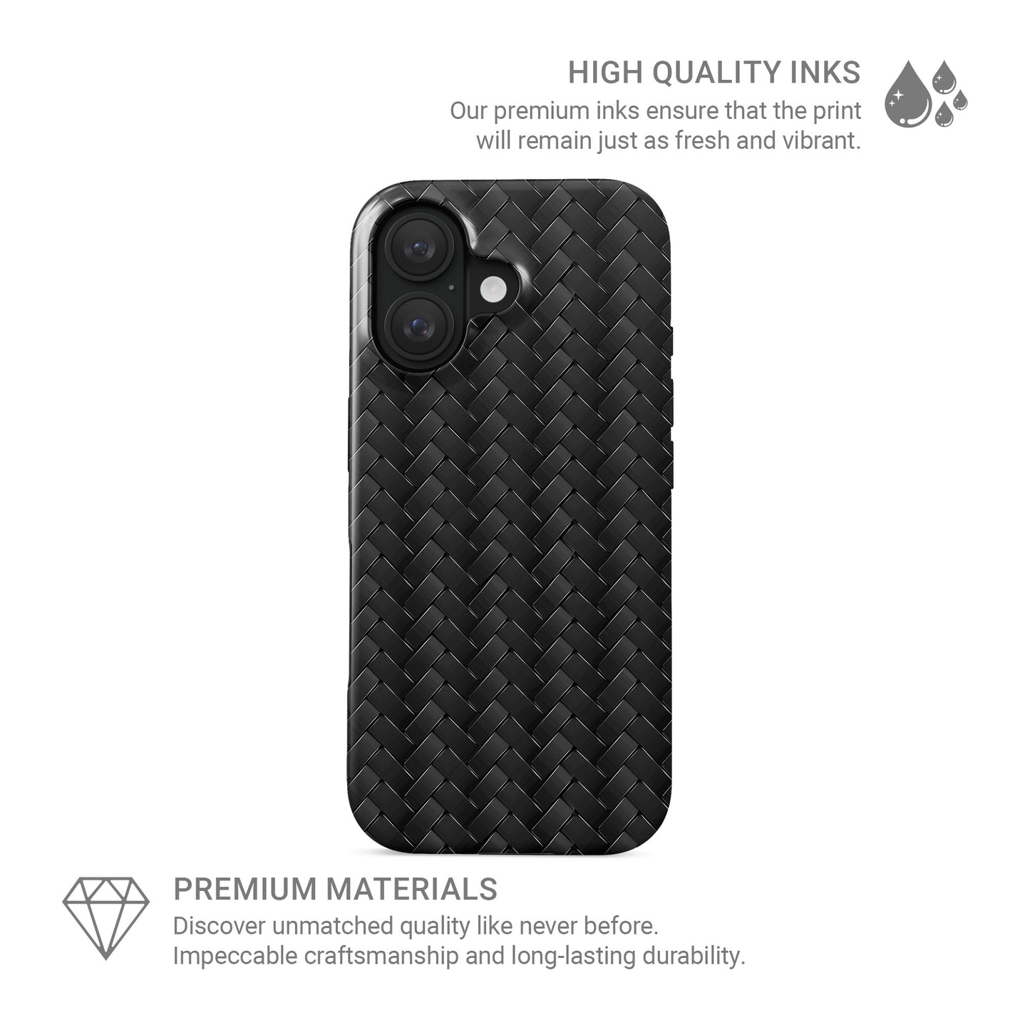 Glossy carbon-style chevron weave pattern printed on a dual-layer MagSafe tough phone case in dark black tones.