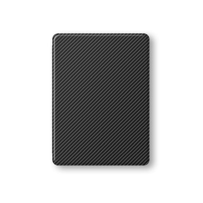 Carbon Nexus Apple iPad case with carbon fibre style print, vegan Saffiano leather exterior and slim folio design with Apple Pencil holder