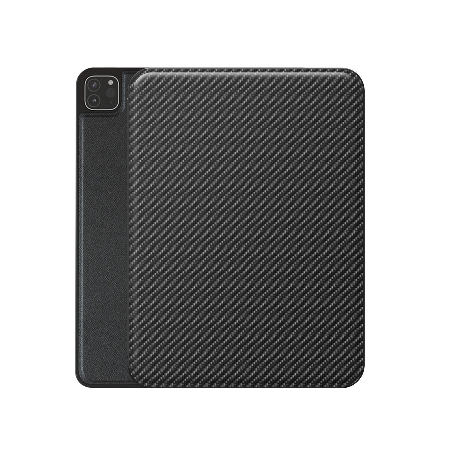 Carbon Nexus Apple iPad case with carbon fibre style print, vegan Saffiano leather exterior and slim folio design with Apple Pencil holder