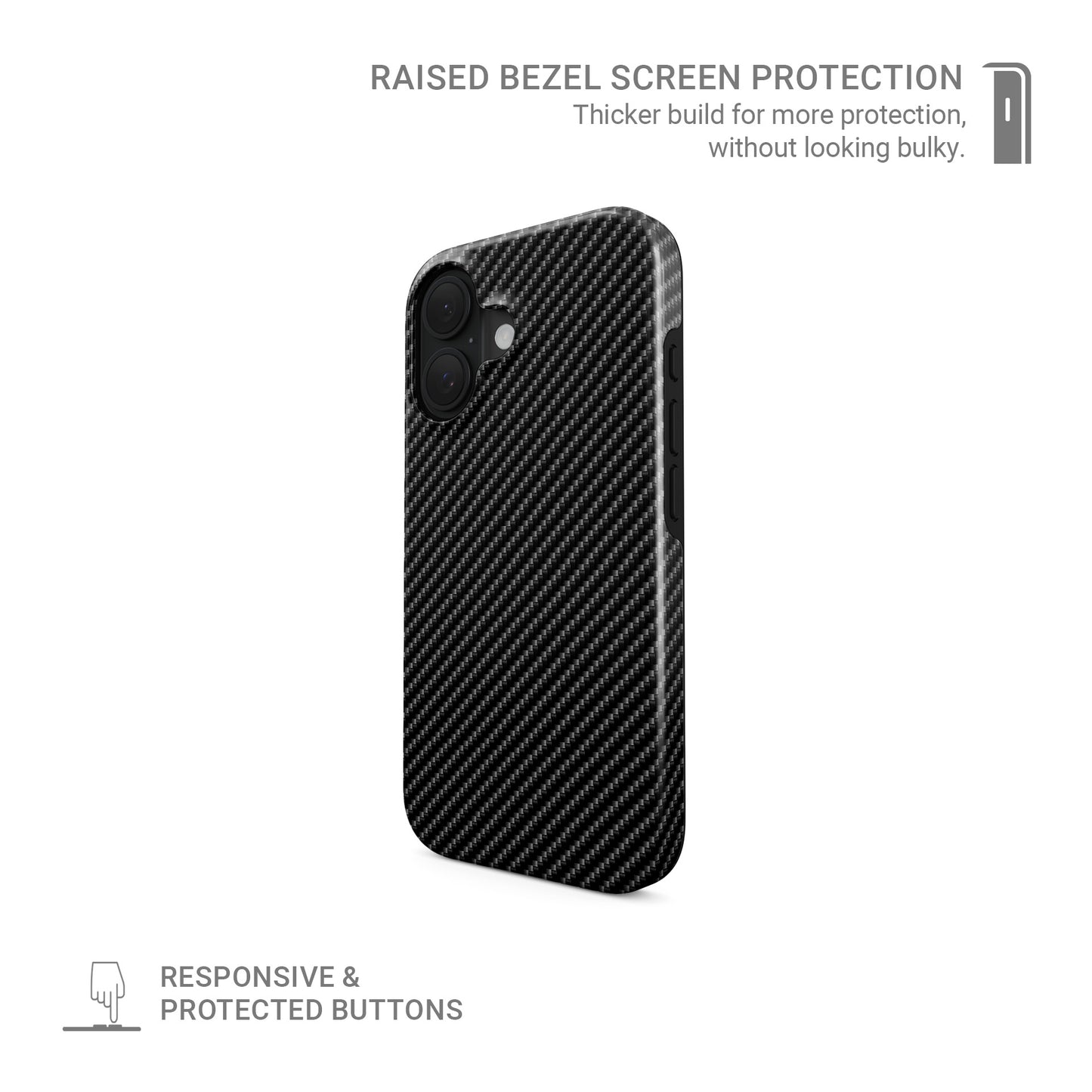 Carbon-fiber style micro-grid pattern printed on a glossy dual-layer MagSafe tough phone case.