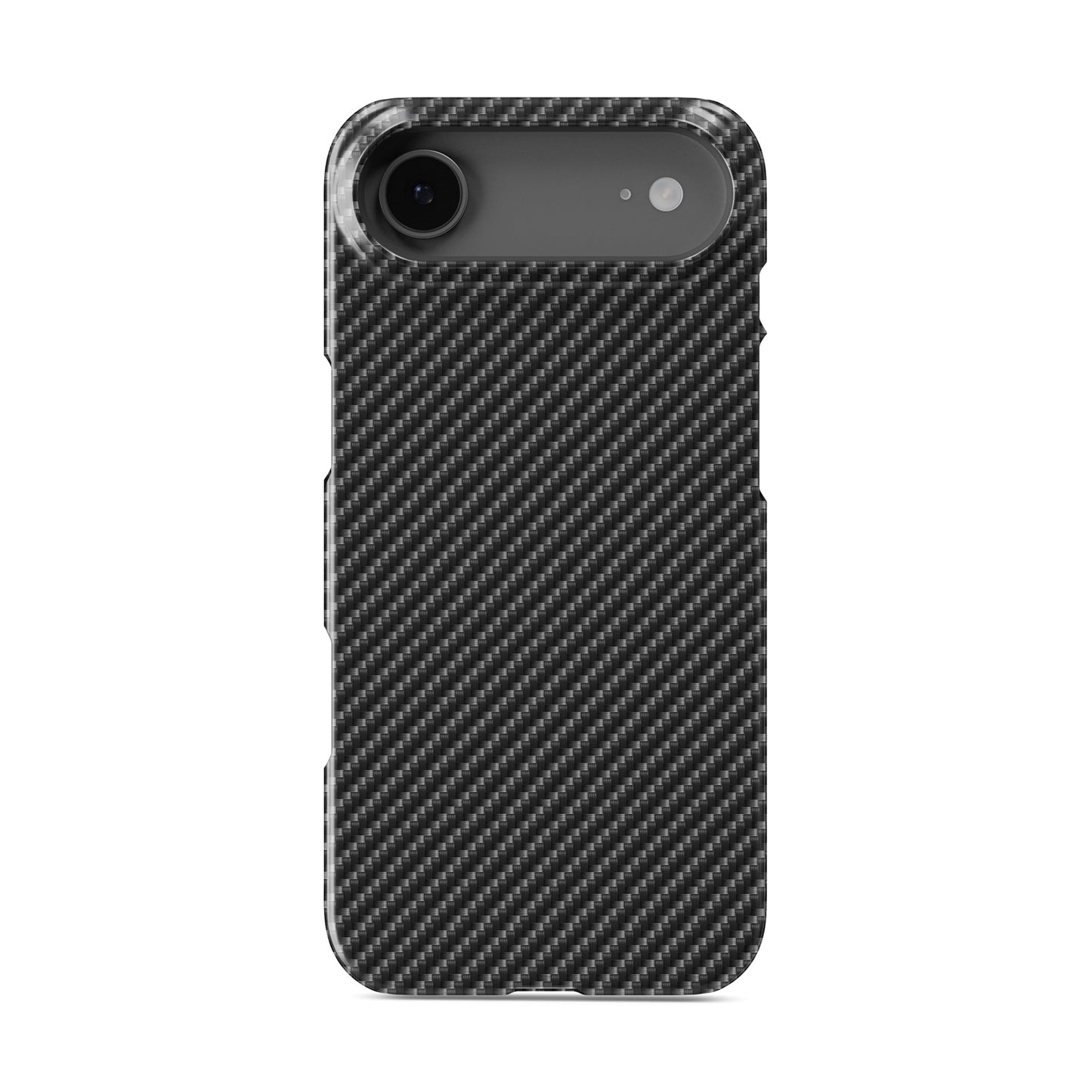 Glossy carbon-style diagonal weave pattern printed on a slim snap phone case in dark grey and black tones.