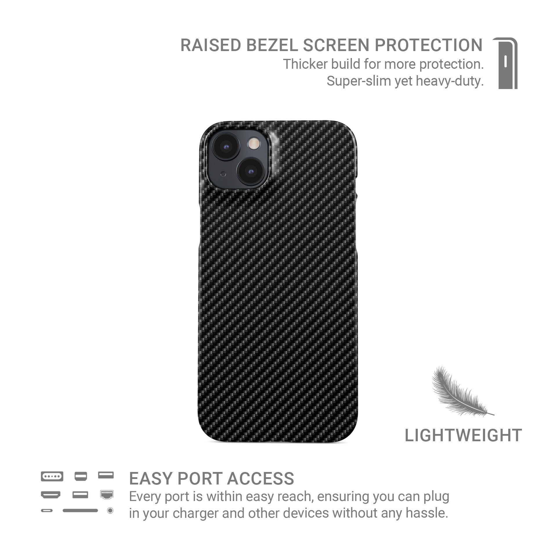 Glossy carbon-style diagonal weave pattern printed on a slim snap phone case in dark grey and black tones.