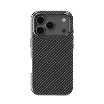 Black carbon fibre diagonal weave pattern with high-tech textured detail on a modern tough phone case.