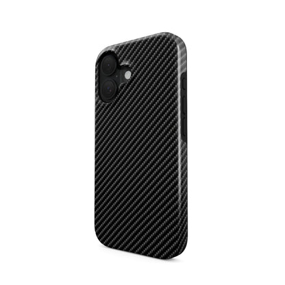 Black carbon fibre diagonal weave pattern with high-tech textured detail on a modern tough phone case.