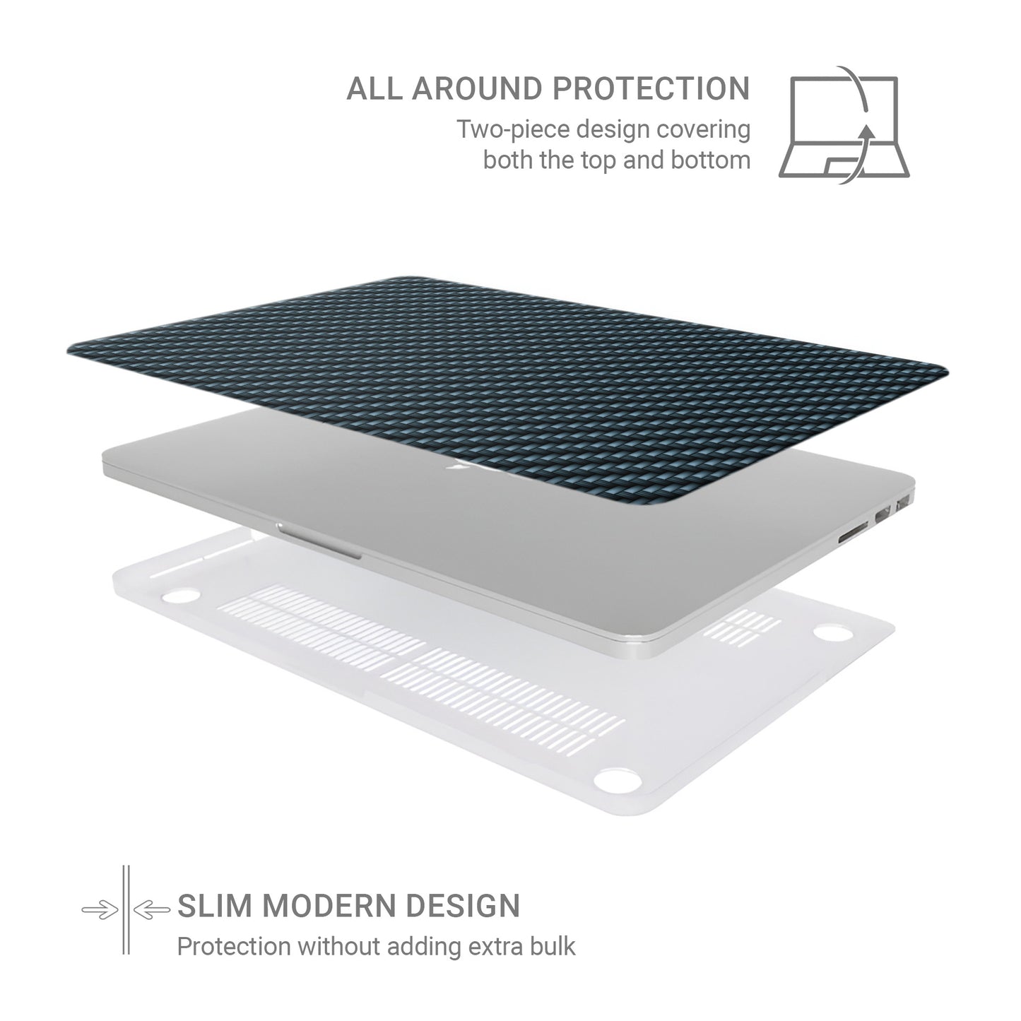 Carbonwave Blue MacBook case with woven carbon style texture and slim matte hard shell design