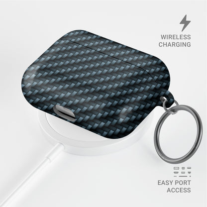 Carbonwave Blue AirPods tough case with woven carbon style pattern and glossy finish