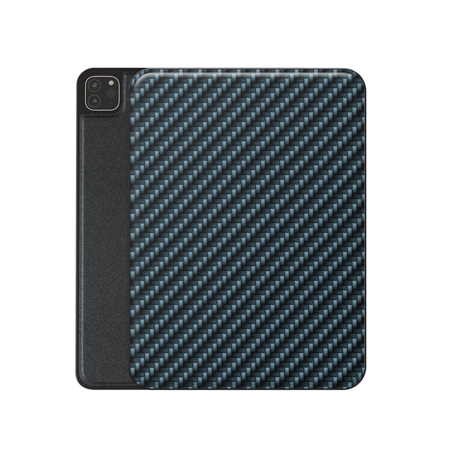 Carbonwave Blue Apple iPad case with woven carbon style pattern, vegan leather finish and Apple Pencil holder