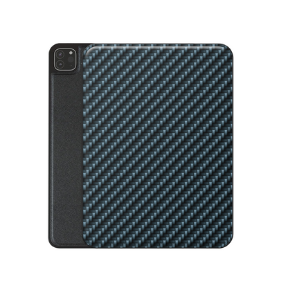 Carbonwave Blue Apple iPad case with woven carbon style pattern, vegan leather finish and Apple Pencil holder