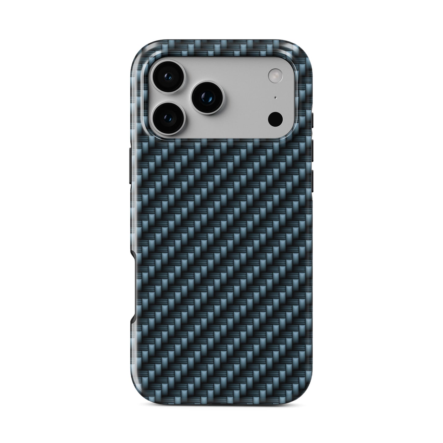 Blue carbon weave MagSafe tough phone case with glossy finish and dual layer protection