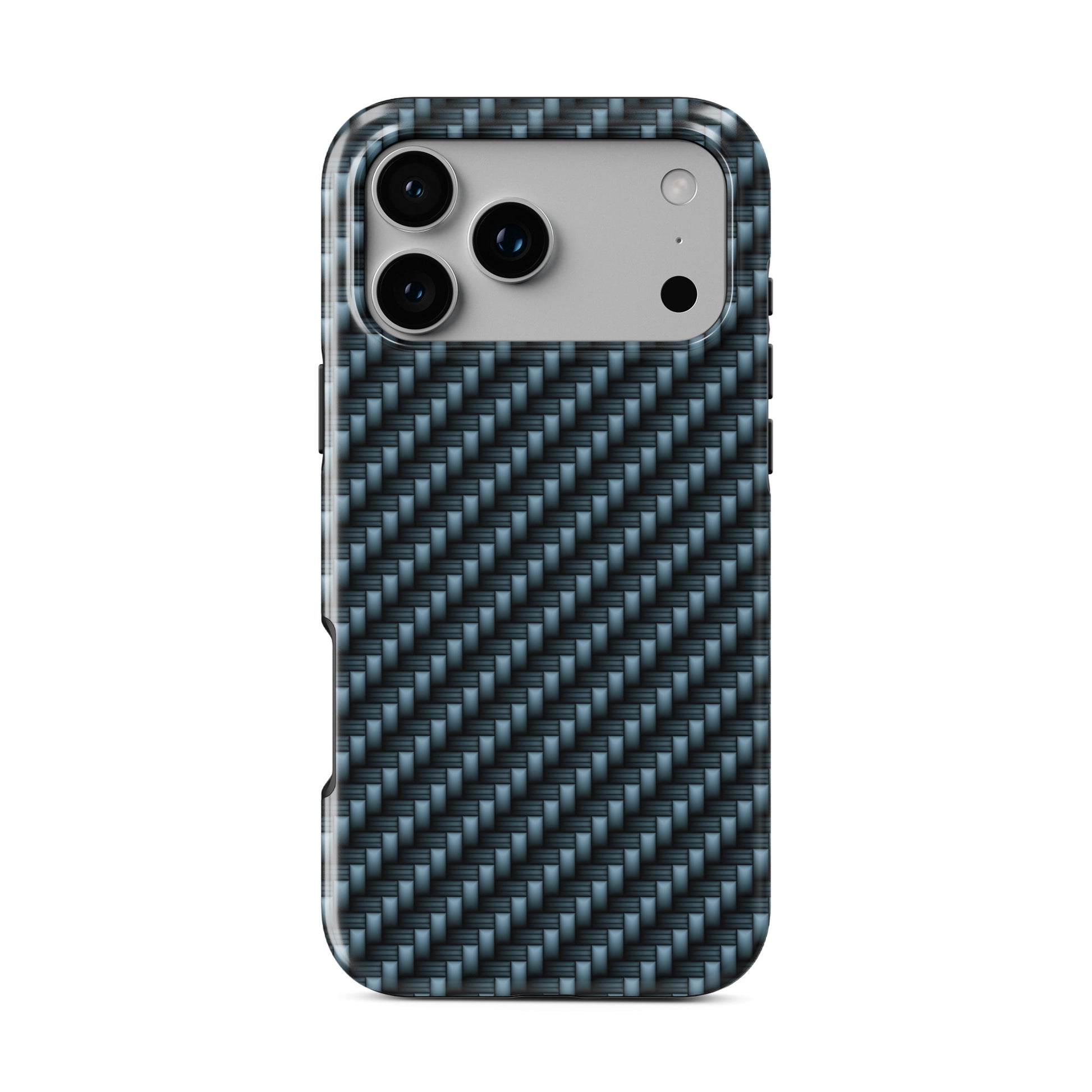 Blue carbon weave MagSafe tough phone case with glossy finish and dual layer protection
