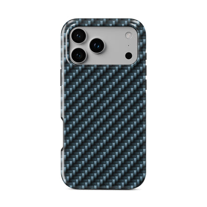 Blue carbon weave MagSafe tough phone case with glossy finish and dual layer protection