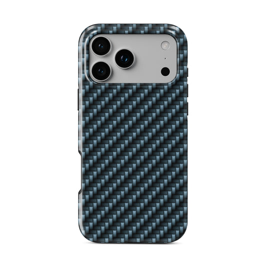Blue carbon weave MagSafe tough phone case with glossy finish and dual layer protection