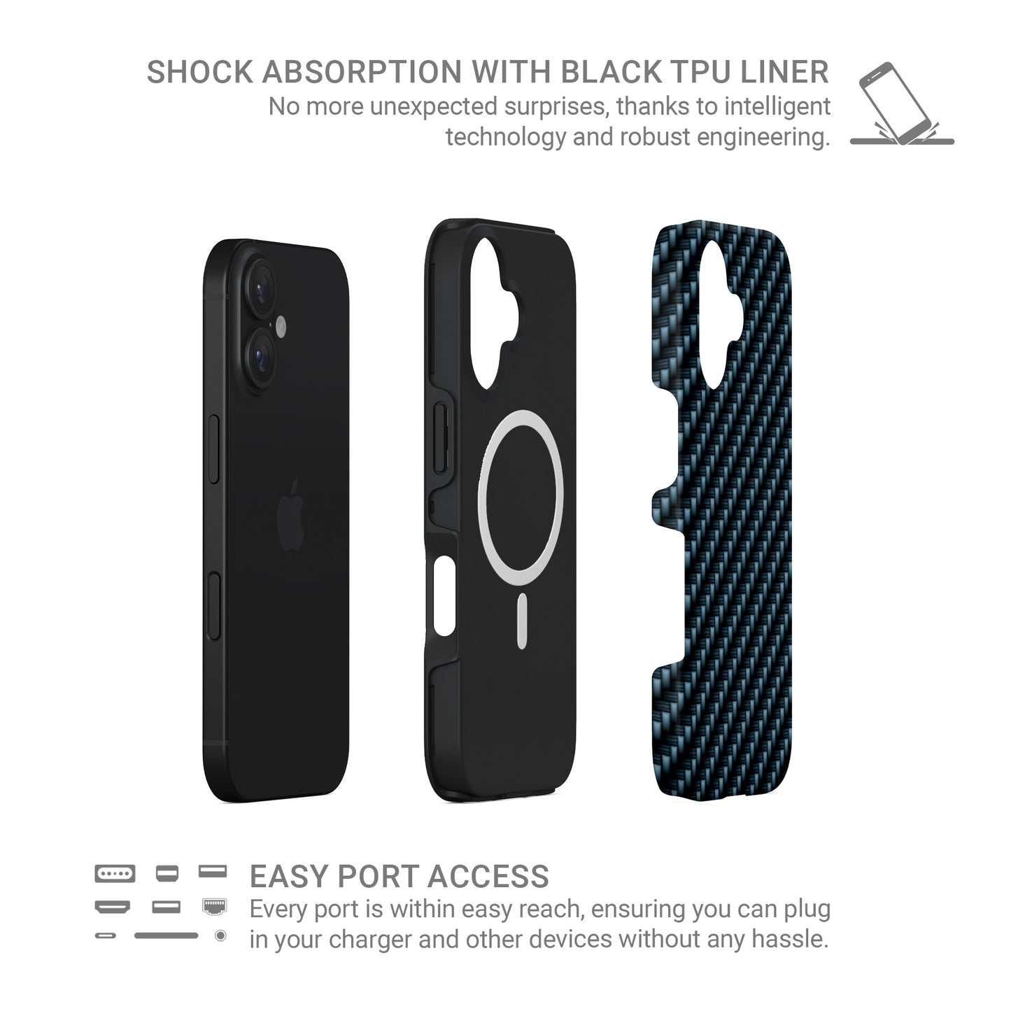 Blue carbon weave MagSafe tough phone case with glossy finish and dual layer protection